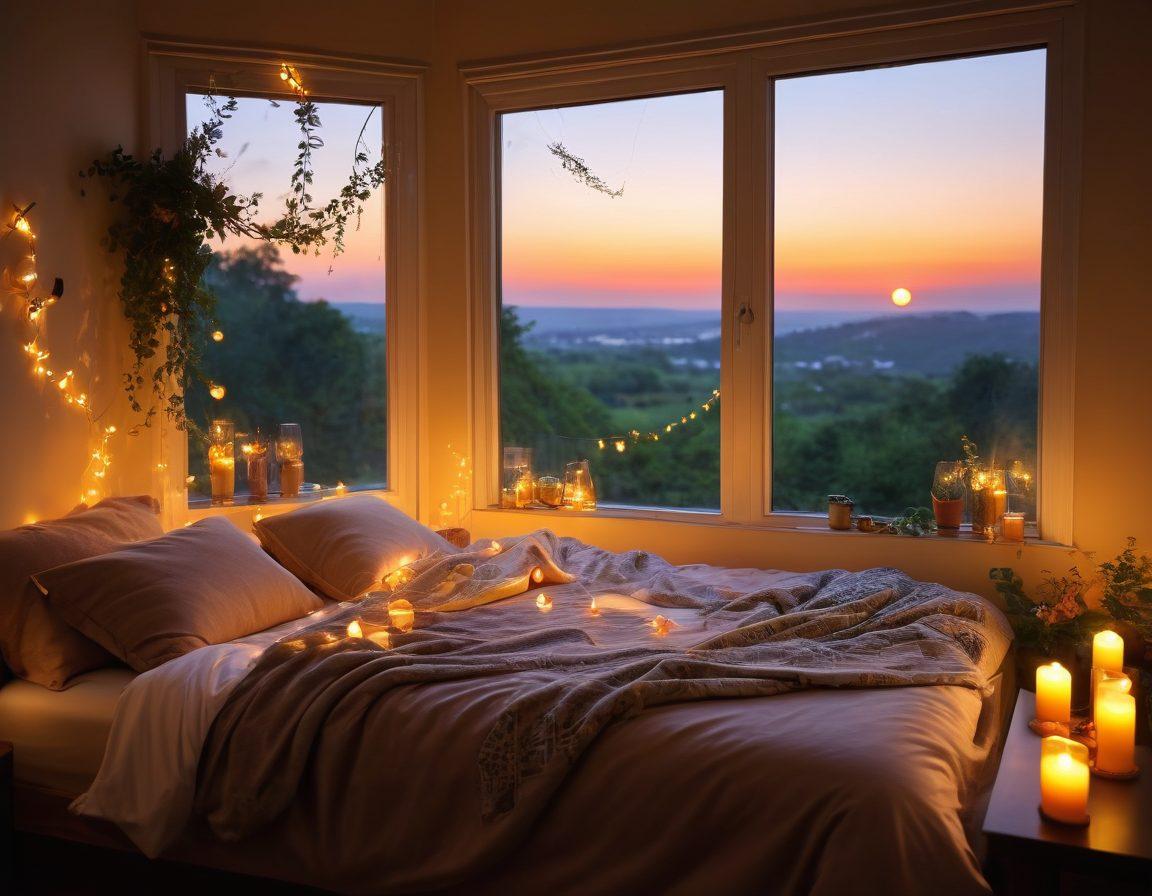 A cozy, charming rental room adorned with soft fairy lights, a heart-shaped pillow on the neatly made bed, and a view of a sunset outside the window. A couple enjoying a romantic dinner on a small table set with candles and flowers. Lush greenery visible through the window, creating an inviting and warm atmosphere. super-realistic. warm tones. soft focus.