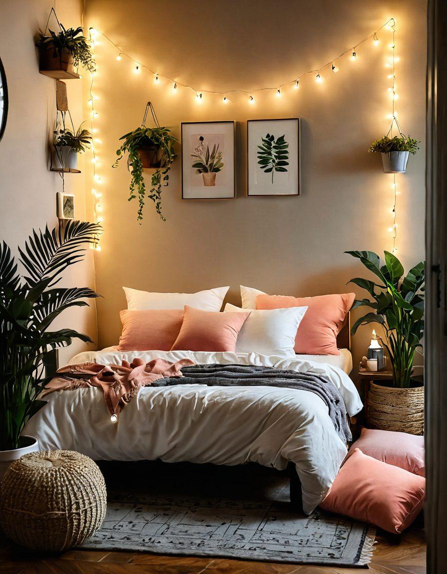 A cozy, warmly-lit temporary housing space with soft textiles, plants, and personal touches that evoke feelings of love and comfort. Include a couple enjoying a moment together, surrounded by cozy elements like fairy lights and a small dining setup. The atmosphere should feel inviting and intimate, with a touch of creativity in decor that reflects personality. super-realistic. vibrant colors. soft glow.