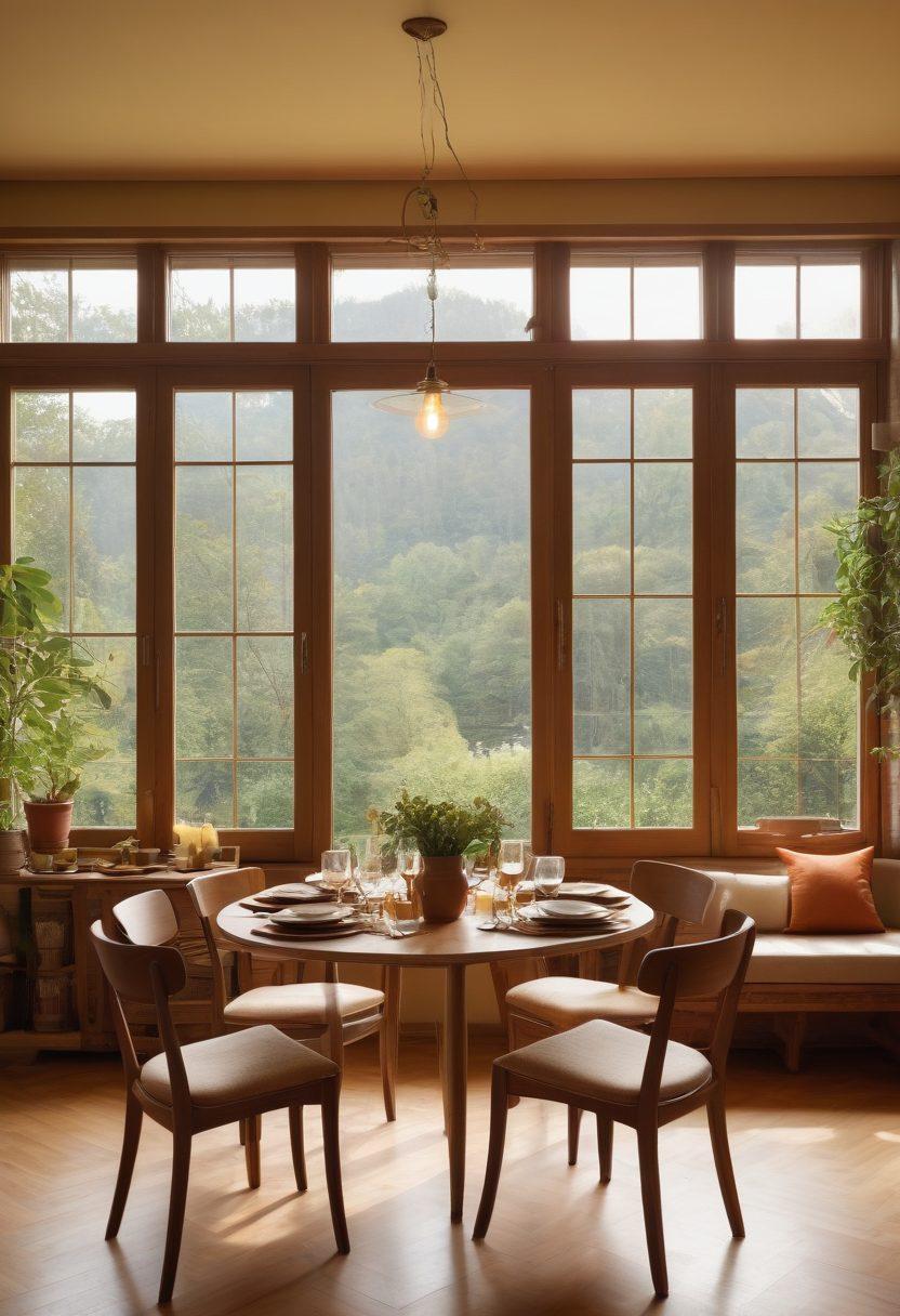 A cozy furnished apartment merging seamlessly into a charming vacation home, featuring warm earth tones and inviting furniture. Include a beautiful view of nature through large windows, with a table set for a meal to convey a sense of togetherness. Soft lighting enhances the warmth of the scene, creating a heartfelt atmosphere that invites relaxation. vintage style. warm tones. inviting ambiance.